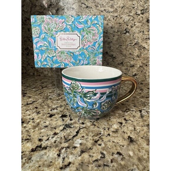 Lilly Pulitzer Other - Lilly Pulitzer Coffee Mug Tea Blue Green Floral Gold Handle 12 Oz. NEW